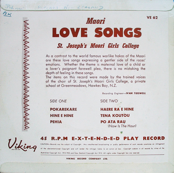 St. Joseph's Maori Girls College Choir : Maori Love Songs (7", EP)