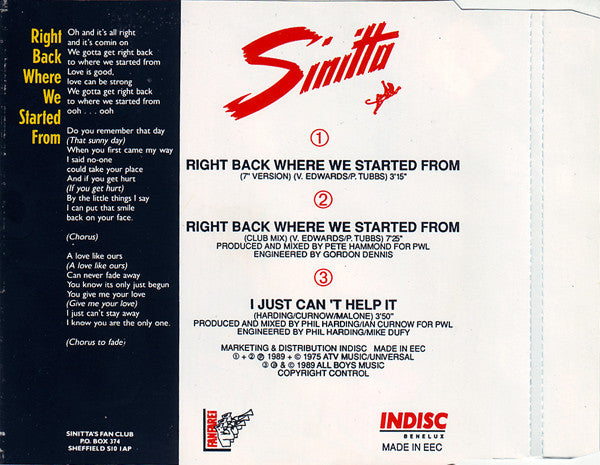 Sinitta : Right Back Where We Started From (Left Back On The Side Mix) (CD, Maxi)