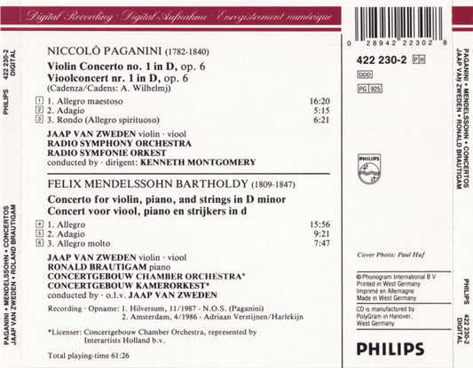 Niccolò Paganini /, Felix Mendelssohn-Bartholdy, Jaap van Zweden, Ronald Brautigam, Kenneth Montgomery : Violin Concerto No. 1 / Concerto For Violin, Piano & Strings (CD)
