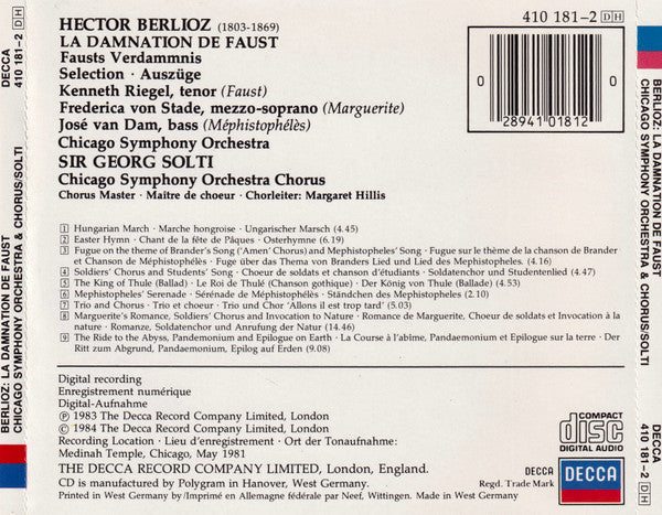 Hector Berlioz : Kenneth Riegel, Frederica von Stade, José van Dam, Chicago Symphony Orchestra & Chicago Symphony Chorus, Georg Solti : La Damnation De Faust = Fausts Verdammnis (CD)