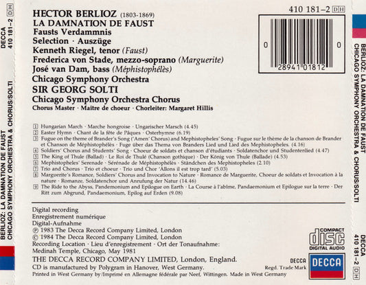 Hector Berlioz : Kenneth Riegel, Frederica von Stade, José van Dam, Chicago Symphony Orchestra & Chicago Symphony Chorus, Georg Solti : La Damnation De Faust = Fausts Verdammnis (CD)