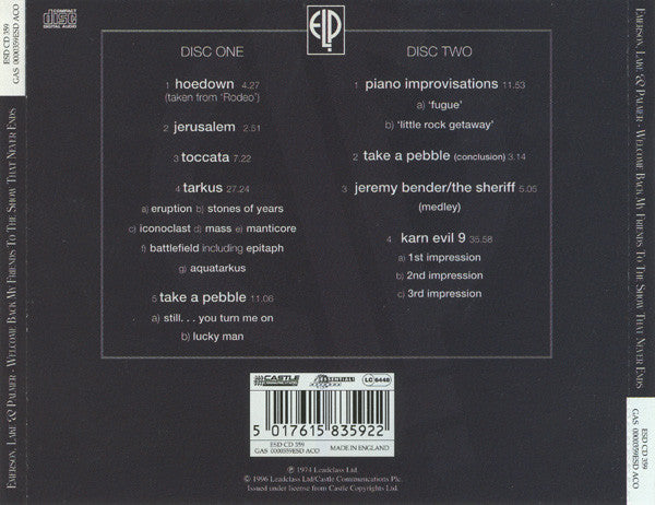 Emerson, Lake & Palmer : Welcome Back, My Friends To The Show That Never Ends ~ Ladies And Gentlemen (2xCD, Album, RE, RM)
