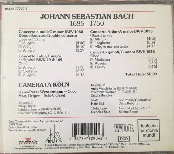 Johann Sebastian Bach, Camerata Köln, Hans-Peter Westermann, Mary Utiger : J.S. Bach: Doppelkonzert - Oboenkonzerte (CD, Album, RE)