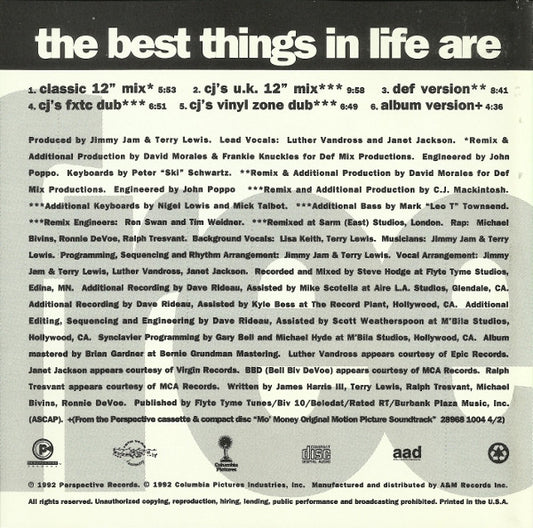 Luther Vandross And Janet Jackson With Special Guests Bell Biv Devoe And Ralph Tresvant : The Best Things In Life Are Free (CD, Maxi)