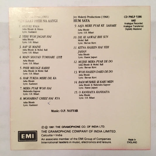 O. P. Nayyar : Yeh Raat Phir Na Aaygi / Hum Saya (CD, Comp, 2-o)