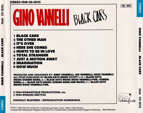 Gino Vannelli : Black Cars (CD, Album, Blu)