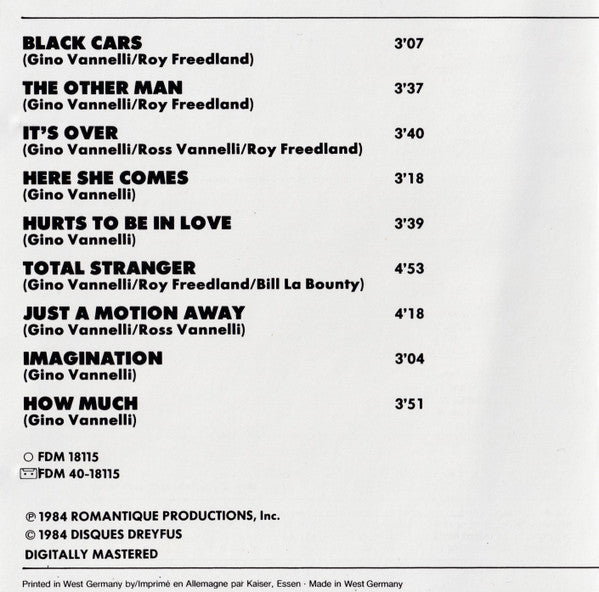 Gino Vannelli : Black Cars (CD, Album, Blu)