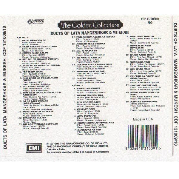 Lata Mangeshkar & Mukesh : Duets Of Lata Mangeshkar & Mukesh (2xCD, Comp)