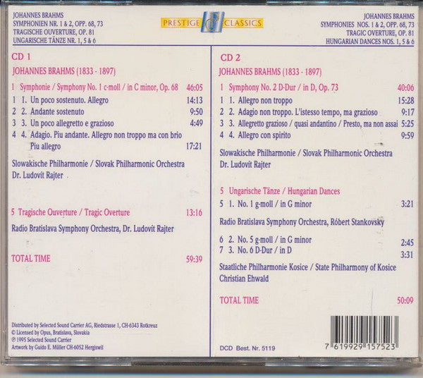 Johannes Brahms : Symphonies Nos. 1 & 2, Opp. 68, 73  / Tragic Overture, Op. 81 / Hungarian Dances, Nos. 1, 5 & 6 (2xCD, Comp)