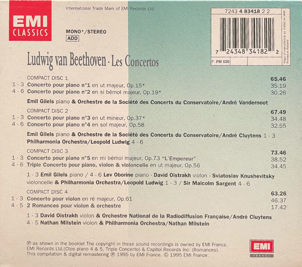 Beethoven* - Emil Gilels, David Oïstrakh*, Lev Oborine*, Sviatoslav Knushevitsky, Nathan Milstein : Les Concertos (4xCD, Comp, Mono + Box)