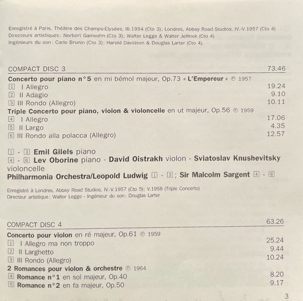 Beethoven* - Emil Gilels, David Oïstrakh*, Lev Oborine*, Sviatoslav Knushevitsky, Nathan Milstein : Les Concertos (4xCD, Comp, Mono + Box)