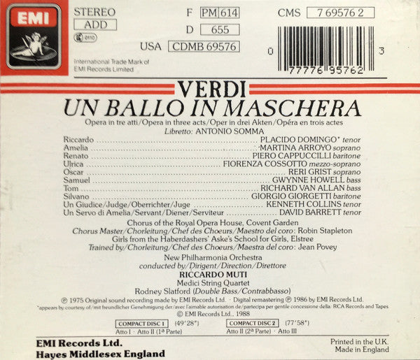 Giuseppe Verdi, Martina Arroyo, Placido Domingo, Piero Cappuccilli, Fiorenza Cossotto, Reri Grist, Chorus Of The Royal Opera House, Covent Garden, New Philharmonia Orchestra ,  Riccardo Muti : Un Ballo In Maschera (2xCD)