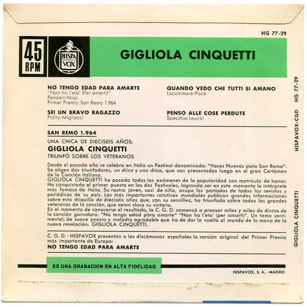 Gigliola Cinquetti : No Tengo Edad Para Amarte = Non Ho L'eta' (Per Amarti) (7", EP)