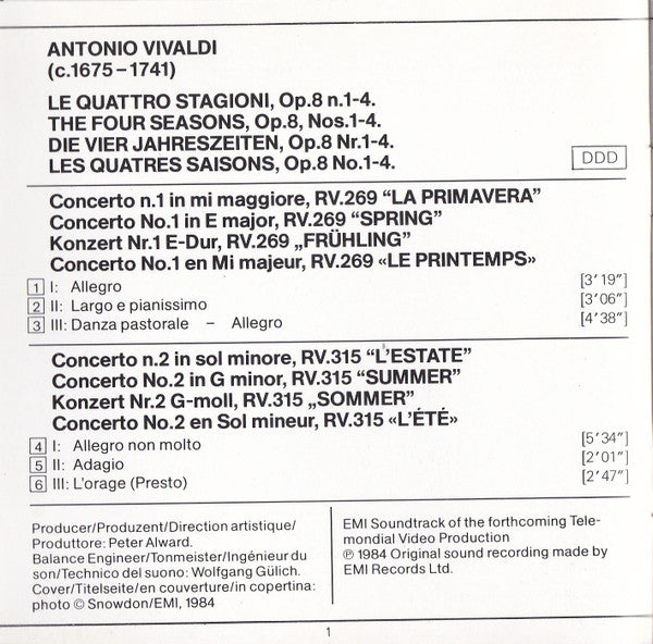 Antonio Vivaldi - Anne-Sophie Mutter, Herbert von Karajan, Wiener Philharmoniker : Le Quattro Stagioni = The Four Seasons = Die Vier Jahreszeiten (CD, Album)