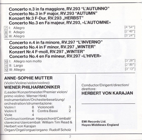 Antonio Vivaldi - Anne-Sophie Mutter, Herbert von Karajan, Wiener Philharmoniker : Le Quattro Stagioni = The Four Seasons = Die Vier Jahreszeiten (CD, Album)