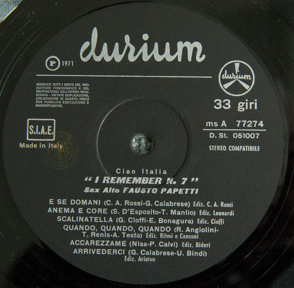 Fausto Papetti : I Remember N. 7: Ciao Italia (LP, Album)