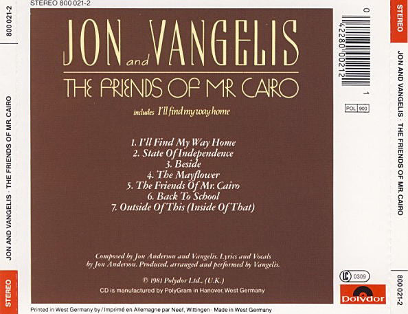 Jon & Vangelis : The Friends Of Mr Cairo (CD, Album, RE)