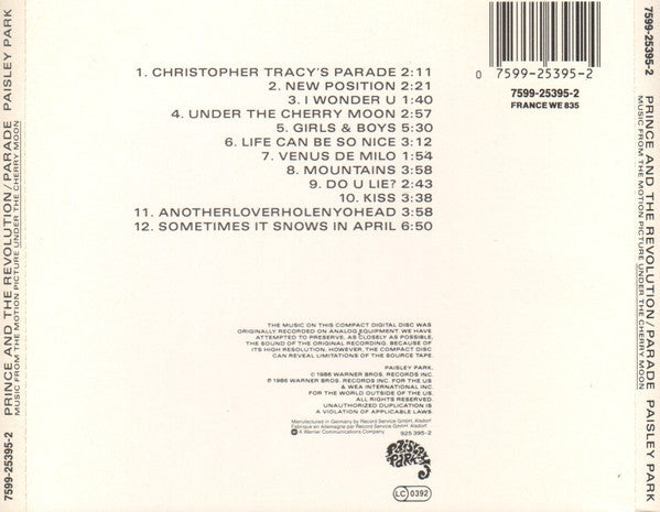 Prince And The Revolution : Parade (Music From The Motion Picture Under The Cherry Moon) (CD, Album, M/Print, RE)