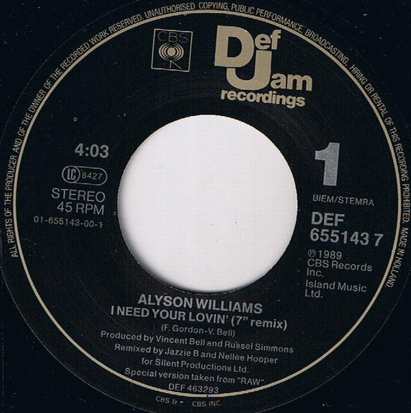 Alyson Williams : I Need Your Lovin' (7", Single)