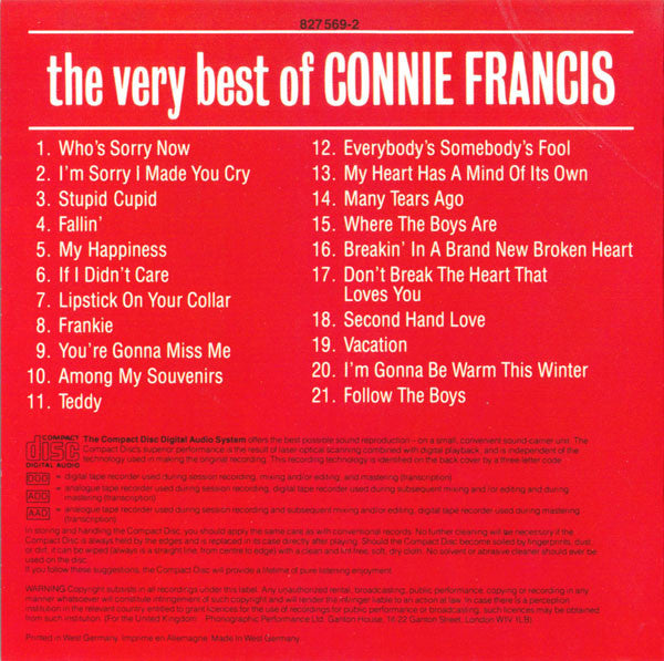 Connie Francis : The Very Best Of Connie Francis (Connie's 21 Biggest Hits!) (CD, Comp, Mono, RM)