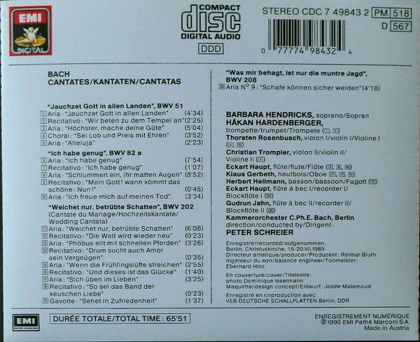 Johann Sebastian Bach - Barbara Hendricks, Håkan Hardenberger, Kammerorchester Carl Philipp Emanuel Bach, Peter Schreier : Kantaten (CD, Album)