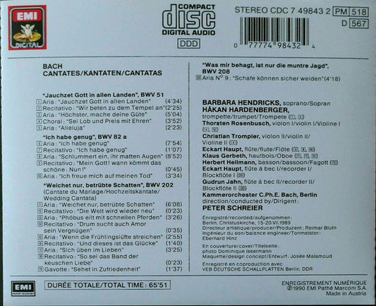 Johann Sebastian Bach - Barbara Hendricks, Håkan Hardenberger, Kammerorchester Carl Philipp Emanuel Bach, Peter Schreier : Kantaten (CD, Album)