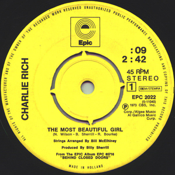Charlie Rich : The Most Beautiful Girl (7", Single)