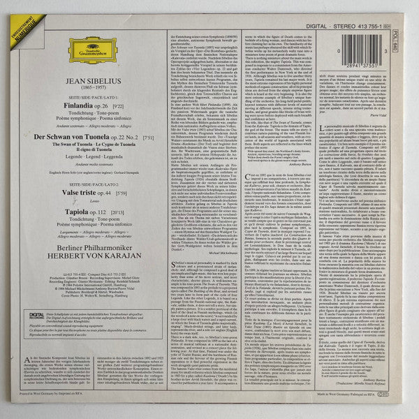 Jean Sibelius / Berliner Philharmoniker, Herbert von Karajan : Finlandia • Valse Triste • Tapiola • Der Schwan Von Tuonela • The Swan Of Tuonela (LP)