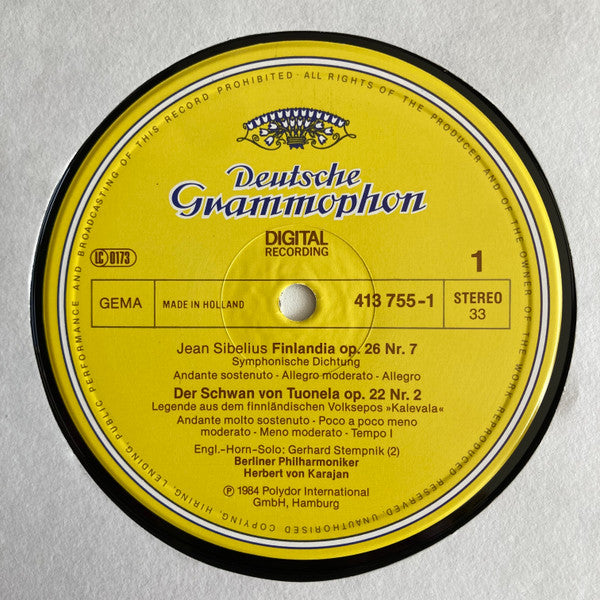 Jean Sibelius / Berliner Philharmoniker, Herbert von Karajan : Finlandia • Valse Triste • Tapiola • Der Schwan Von Tuonela • The Swan Of Tuonela (LP)