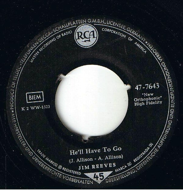 Jim Reeves : He'll Have To Go / In A Mansion Stands My Love (7", Single)