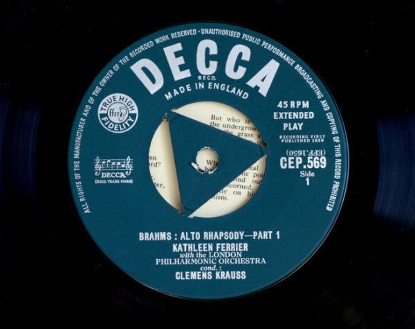 Johannes Brahms - Kathleen Ferrier, London Philharmonic Choir And London Philharmonic Orchestra, Clemens Krauss : Alto Rhapsody (7", EP, Mono)