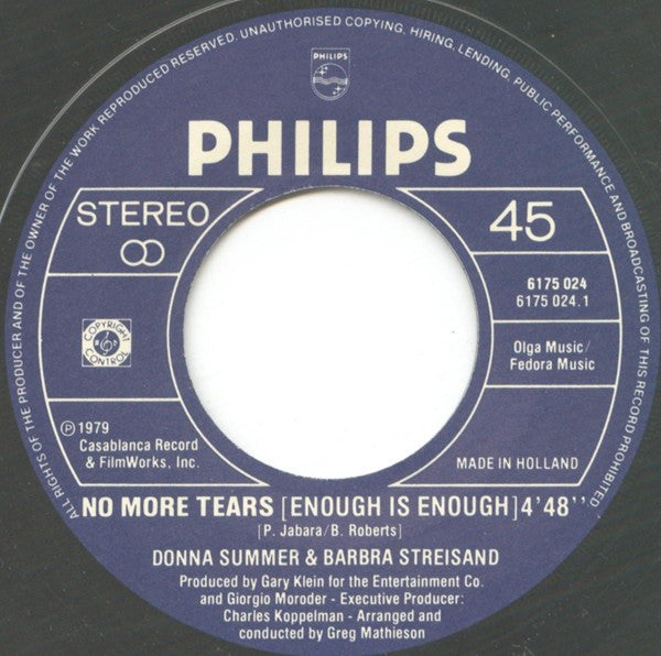 Donna Summer / Barbra Streisand : No More Tears (Enough Is Enough) (7")