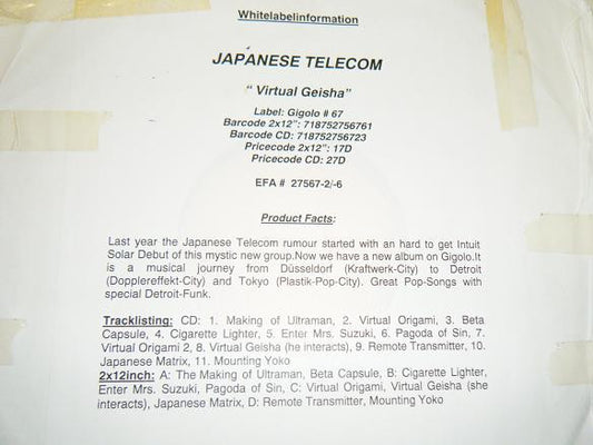 Japanese Telecom : Virtual Geisha (2x12", Album, W/Lbl)