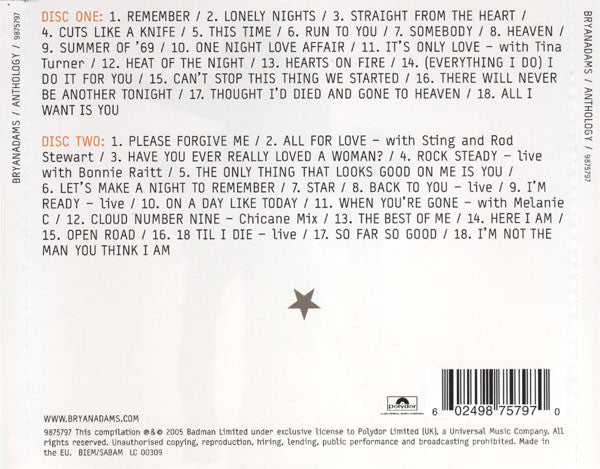 Bryan Adams : Anthology (2xCD, Comp)