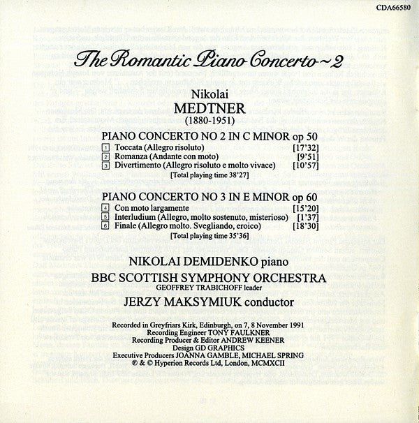Nikolai Medtner | Nikolai Demidenko, BBC Scottish Symphony Orchestra, Jerzy Maksymiuk : Piano Concerto No 2 In C Minor / Piano Concerto No 3 In E Minor (CD)
