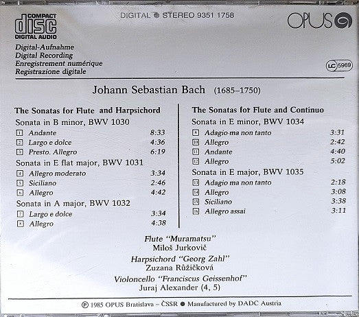 Johann Sebastian Bach – Miloš Jurkovič, Zuzana Růžičková, Juraj Alexander : Flute Sonatas (CD)