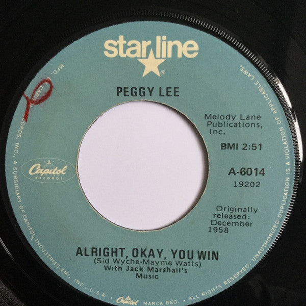 Peggy Lee : Fever / Alright, Okay, You Win (7", RE)