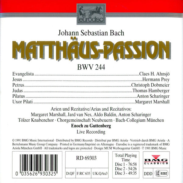 Johann Sebastian Bach - Enoch zu Guttenberg, Hermann Prey, Claes-Håkan Ahnsjö, Christoph Dobmeier, Thomas Hamberger, Anton Scharinger, Margaret Marshall, Bach-Collegium München, Tölzer Knabenchor, Chorgemeinschaft Neubeuern : Matthäus-Passion, BWV 244 (CD, Ltd)