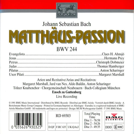 Johann Sebastian Bach - Enoch zu Guttenberg, Hermann Prey, Claes-Håkan Ahnsjö, Christoph Dobmeier, Thomas Hamberger, Anton Scharinger, Margaret Marshall, Bach-Collegium München, Tölzer Knabenchor, Chorgemeinschaft Neubeuern : Matthäus-Passion, BWV 244 (CD, Ltd)