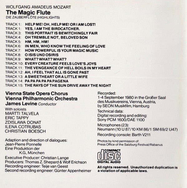 Wolfgang Amadeus Mozart / Ileana Cotrubas, Eric Tappy, Zdzisława Donat, Christian Boesch, José van Dam, Martti Talvela, Wiener Staatsopernchor, Wiener Philharmoniker, James Levine (2) : Die Zauberflöte - The Salzburg Festival Production (Highlights) (CD, Comp, RE)