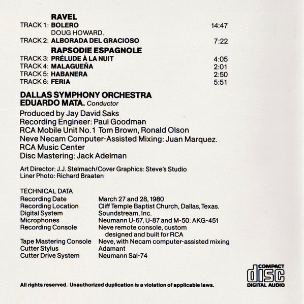 Maurice Ravel - Eduardo Mata, Dallas Symphony Orchestra : Bolero - Alborada Del Gracioso - Rapsodie Espagnole (CD, Album)