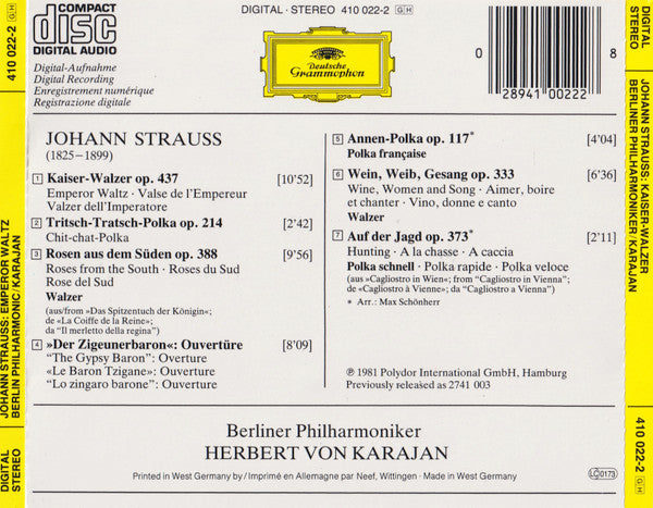 Johann Strauss Jr. / Berliner Philharmoniker / Herbert Von Karajan : Kaiser-Walzer = Emperor Waltz (CD, Album, RE, PDO)