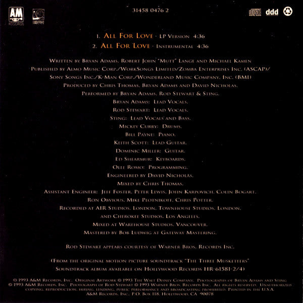 Bryan Adams, Rod Stewart, Sting : All For Love (CD, Single)