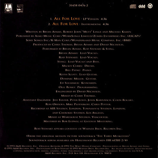 Bryan Adams, Rod Stewart, Sting : All For Love (CD, Single)