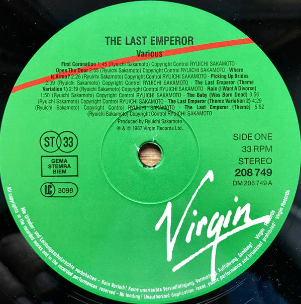 Ryuichi Sakamoto, David Byrne And Cong Su : The Last Emperor (LP, Album, Gat)