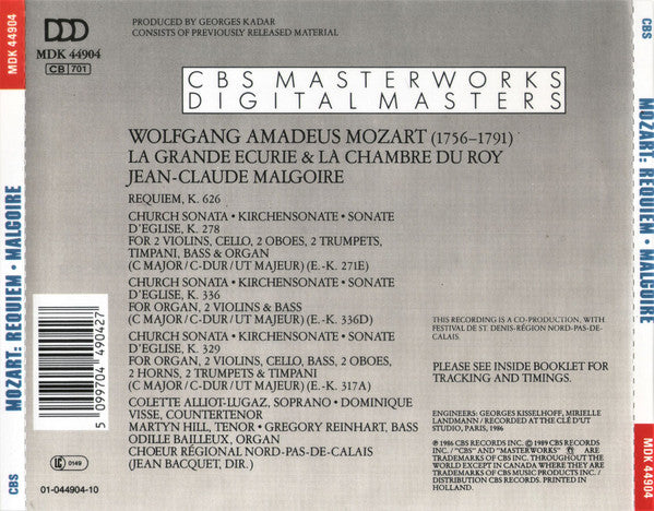 Wolfgang Amadeus Mozart, La Grande Ecurie Et La Chambre Du Roy, Jean-Claude Malgoire : Requiem / Church Sonatas (CD, Album)