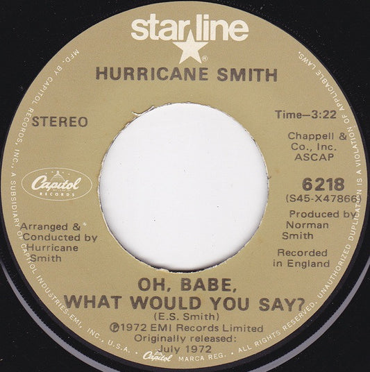 Hurricane Smith : Oh, Babe, What Would You Say? (7", Single, Mono)
