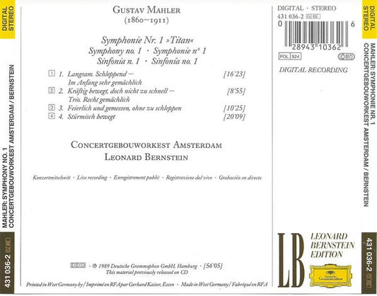 Gustav Mahler - Concertgebouworkest / Leonard Bernstein : Symphonie No. 1 (CD, Album, RE)