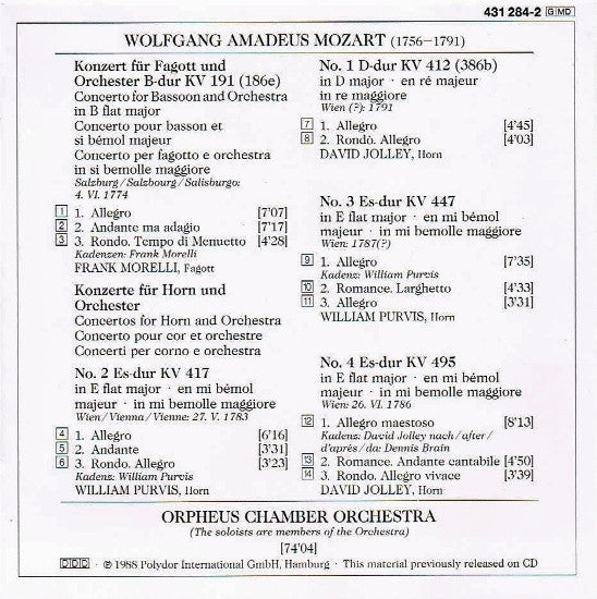 Wolfgang Amadeus Mozart - David Jolley / William Purvis / Frank Morelli / Orpheus Chamber Orchestra : 4 Hornkonzerte / Fagottkonzert (CD, RE)