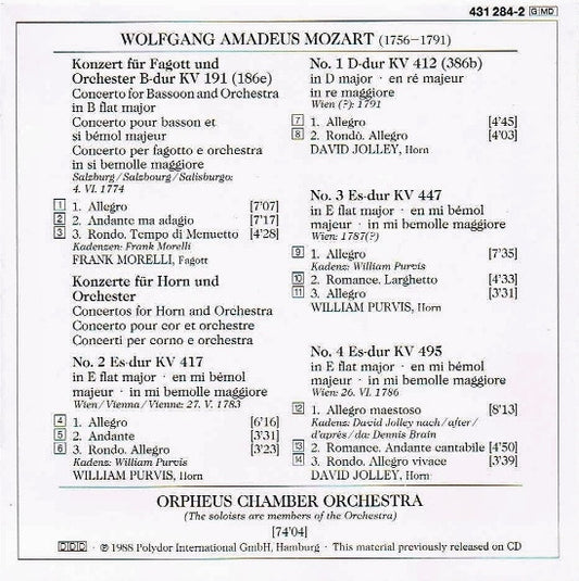Wolfgang Amadeus Mozart - David Jolley / William Purvis / Frank Morelli / Orpheus Chamber Orchestra : 4 Hornkonzerte / Fagottkonzert (CD, RE)